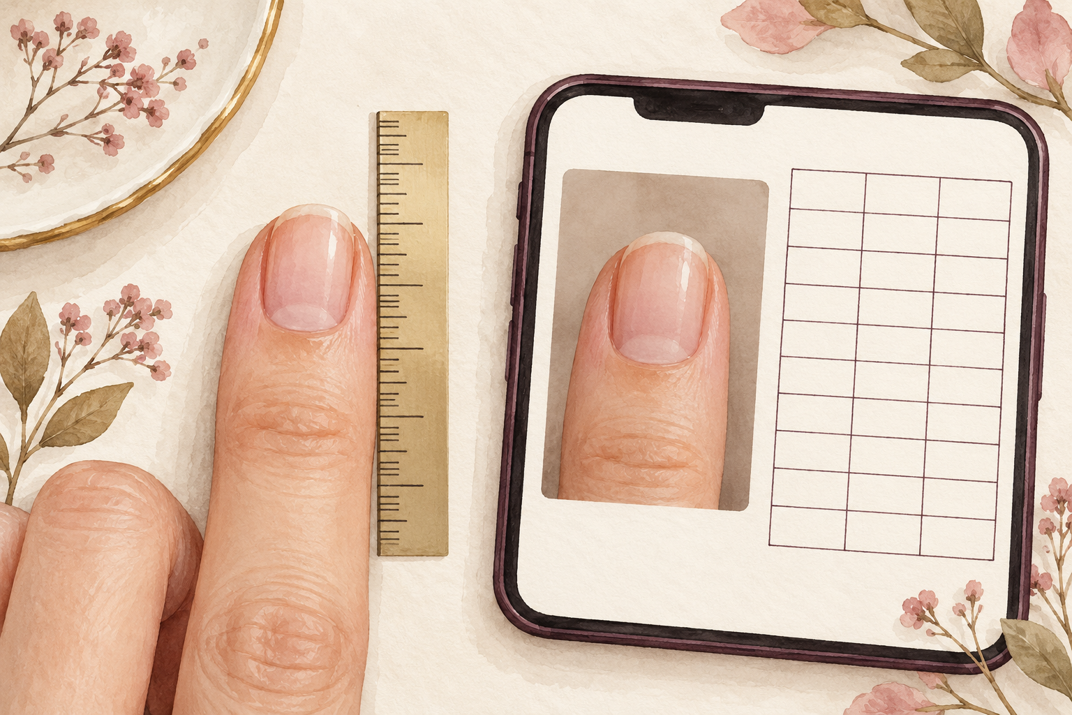 A short natural nail sits beside a lengthwise ruler, reference photo and blank tracking grid.