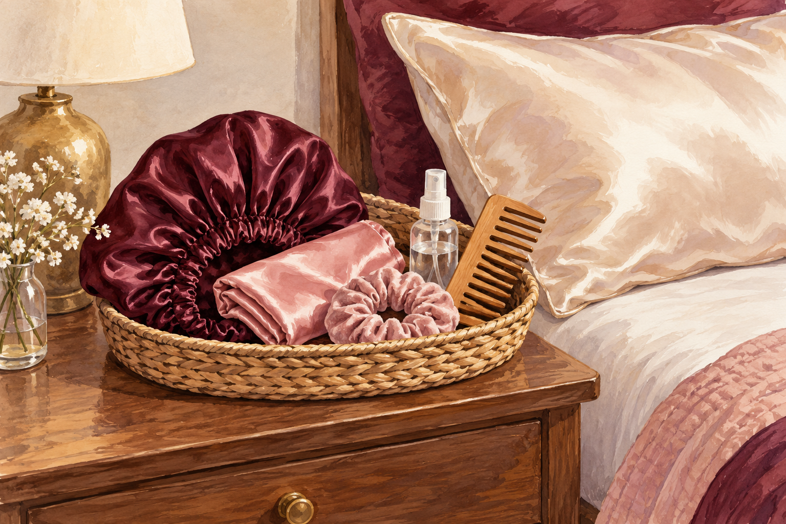 A bonnet, satin scarf, scrunchie, water spray and wide-tooth comb sit in a bedside basket.