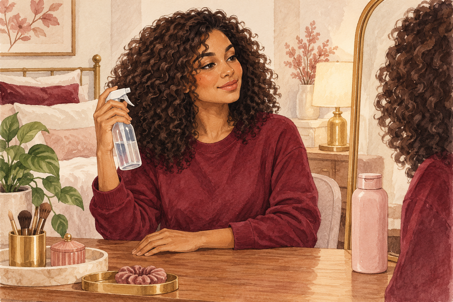 A woman holds a water spray beside a closed shampoo bottle.