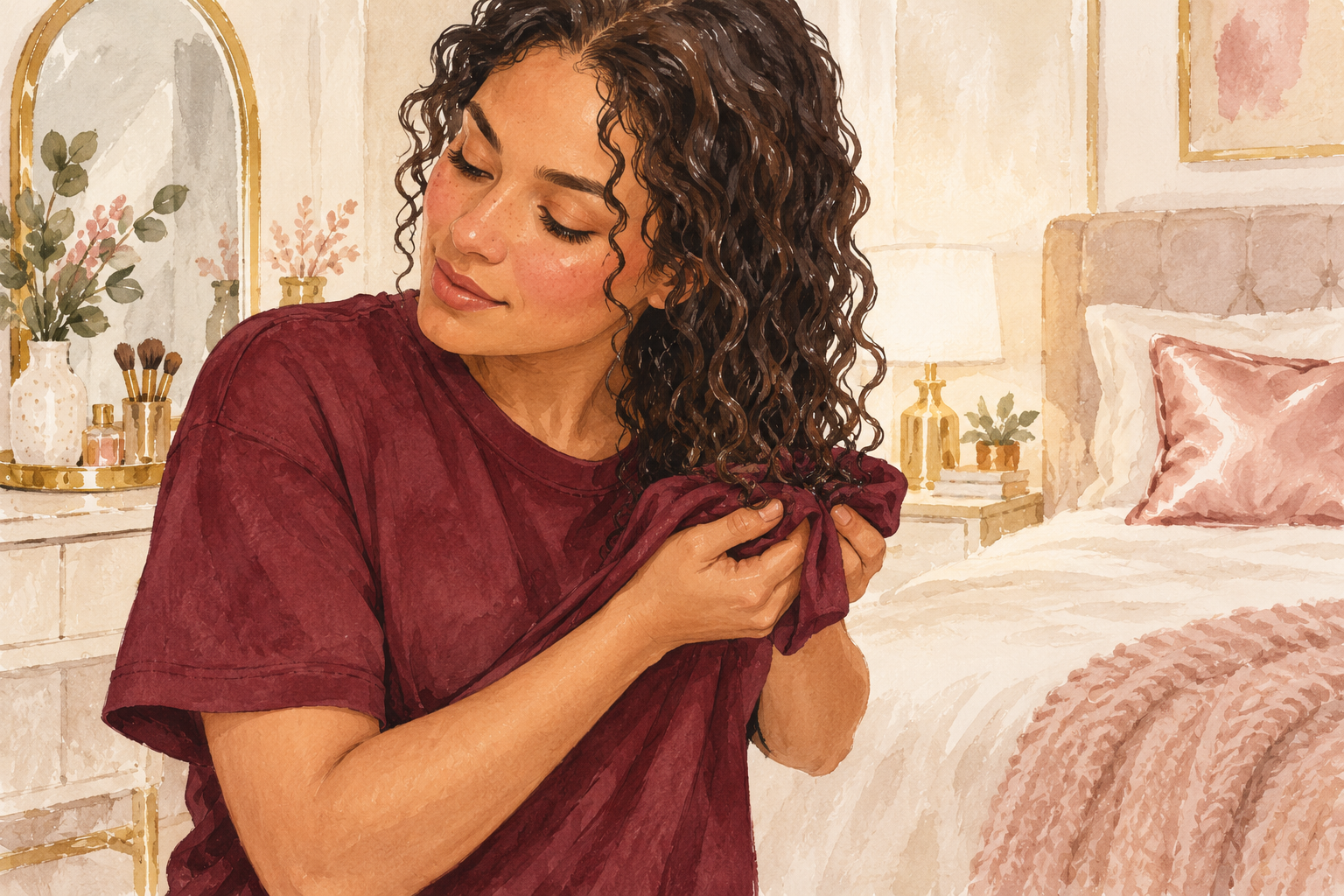 A woman presses damp curl ends with the hem of her cotton shirt.