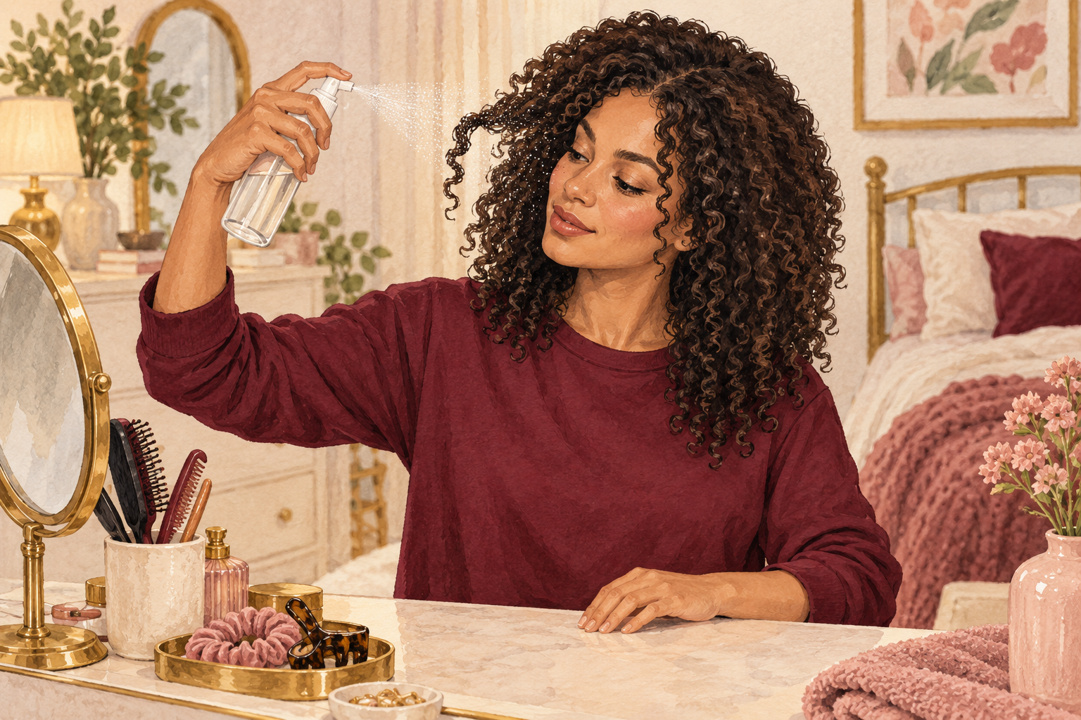 A woman lightly mists one side section of attached curls with a spray bottle.