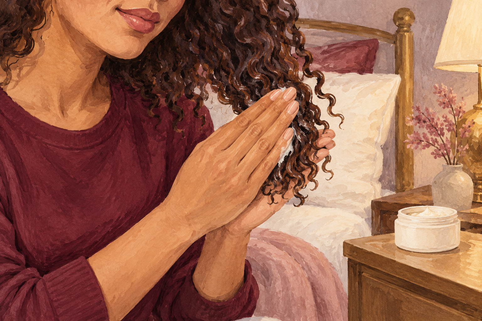 Hands smooth a small amount of cream along attached curl ends.