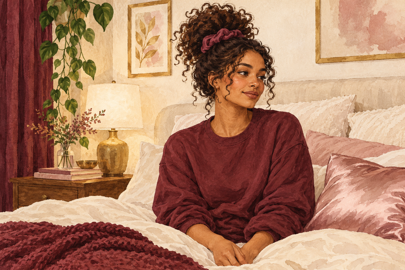 A soft scrunchie holds attached curls in a loose top-of-head pineapple.