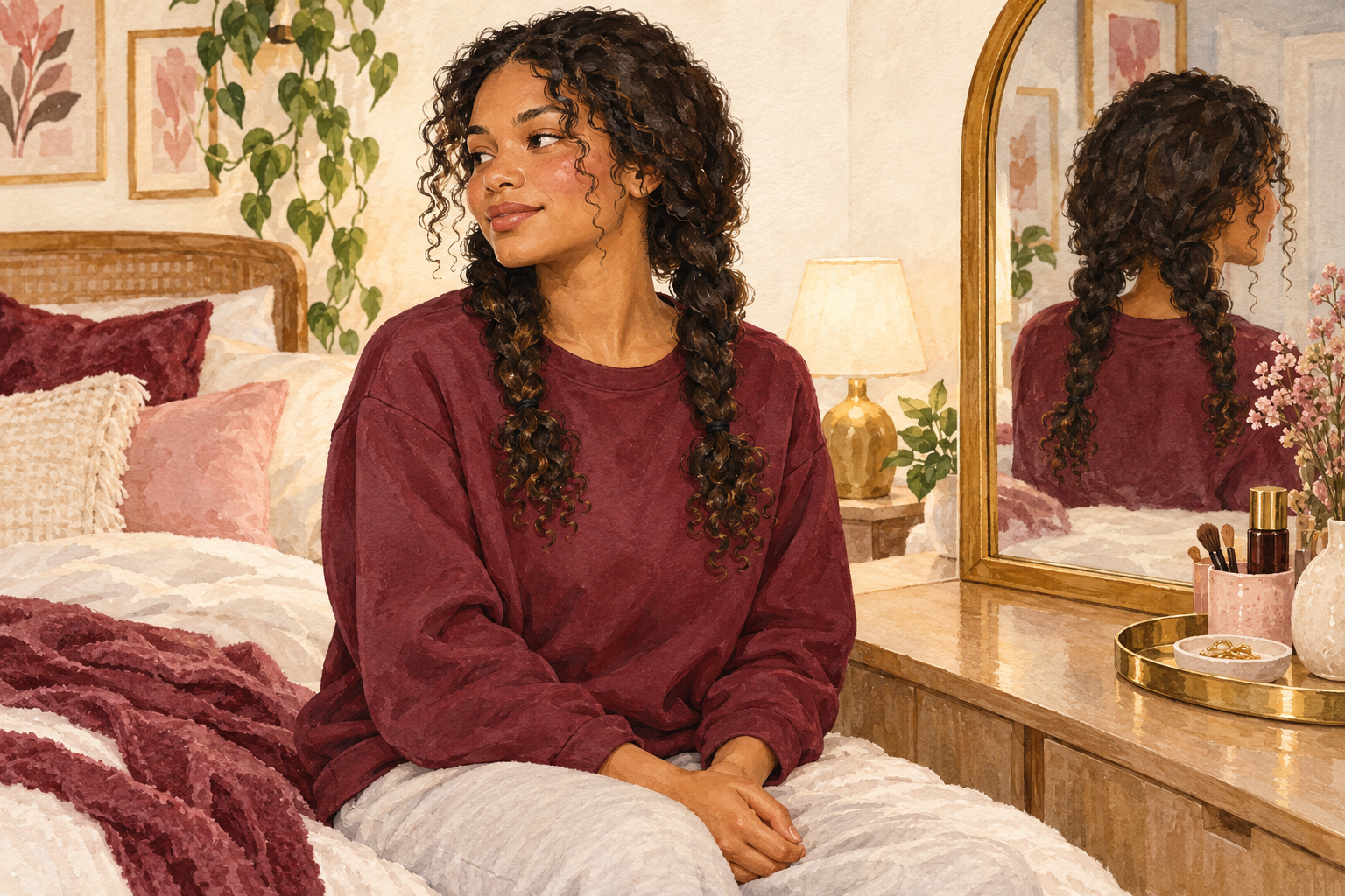Two loose attached braids leave the curl ends free.