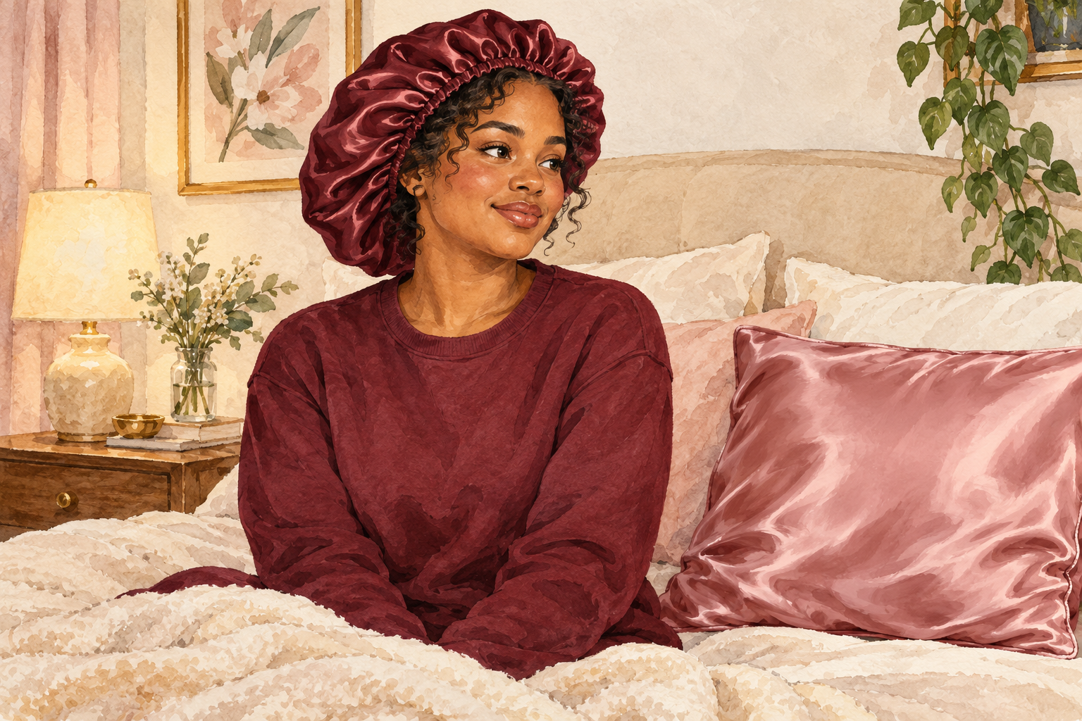 A woman wears a roomy satin bonnet with a satin pillowcase beside her.