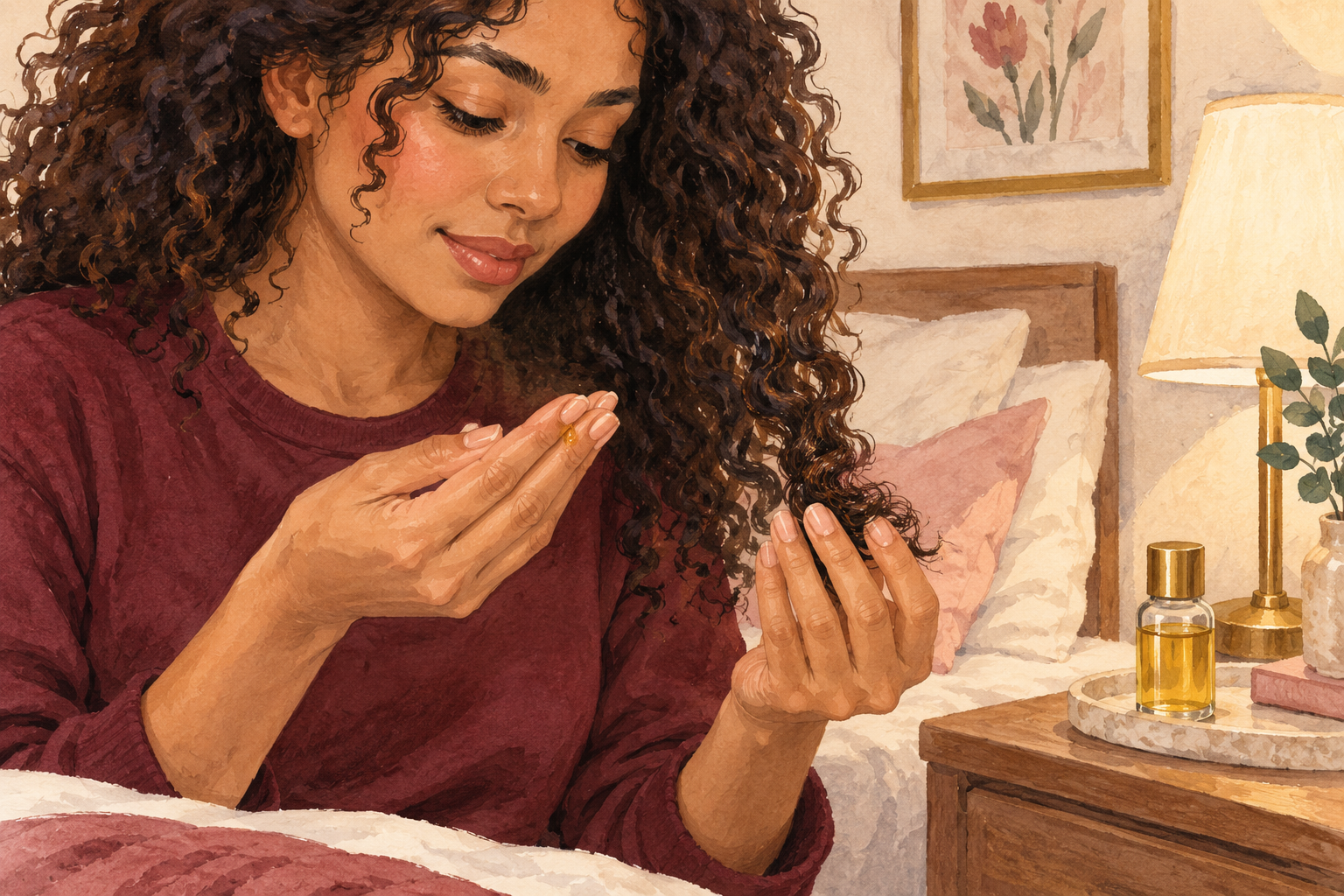 A small oil drop rests on fingertips beside a supported attached curl end.