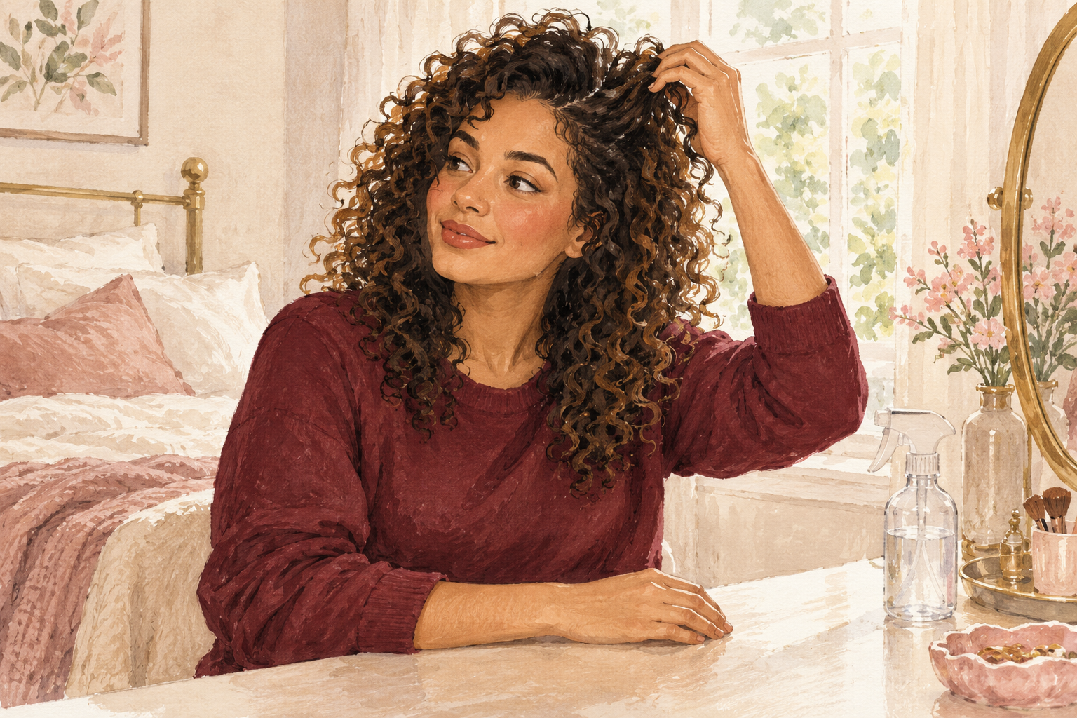 A woman lifts her attached curls near the roots beside a water spray.