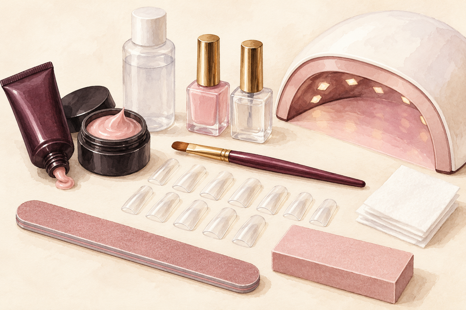 A tidy kit with poly gel tools arranged on a clean work surface.
