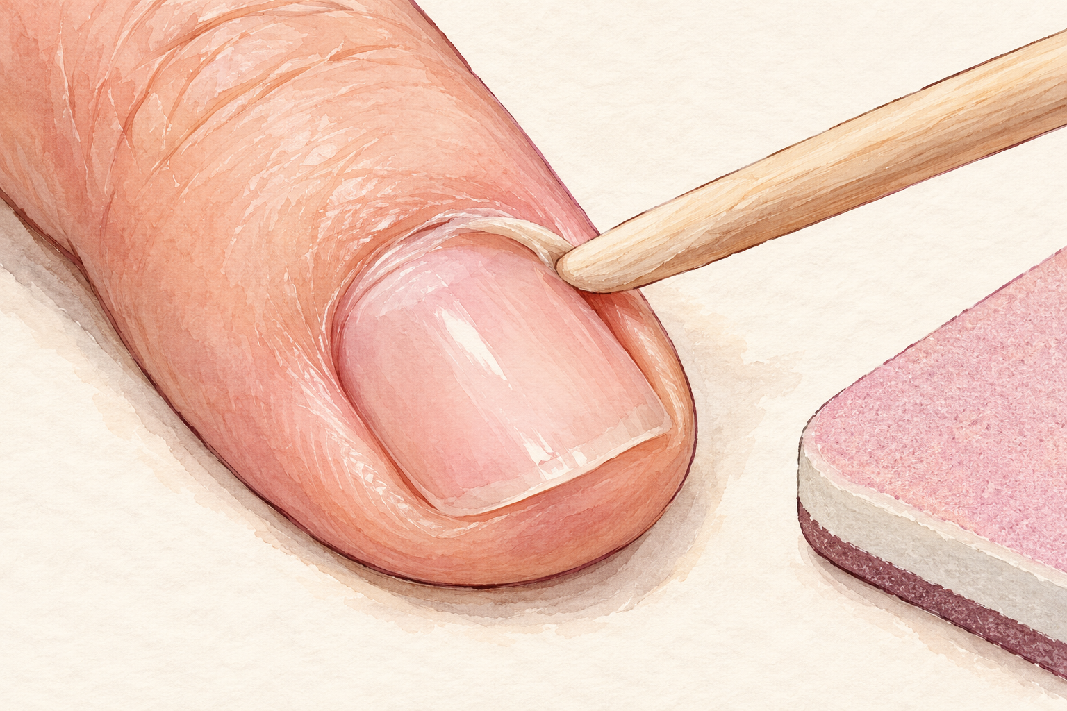 A blunt wooden pusher rests against the cuticle area of a short natural nail.