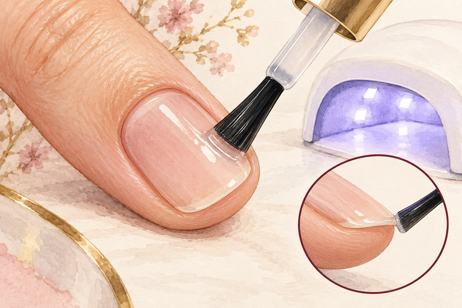 A thin base coat stops short of the skin and caps the nail’s free edge.