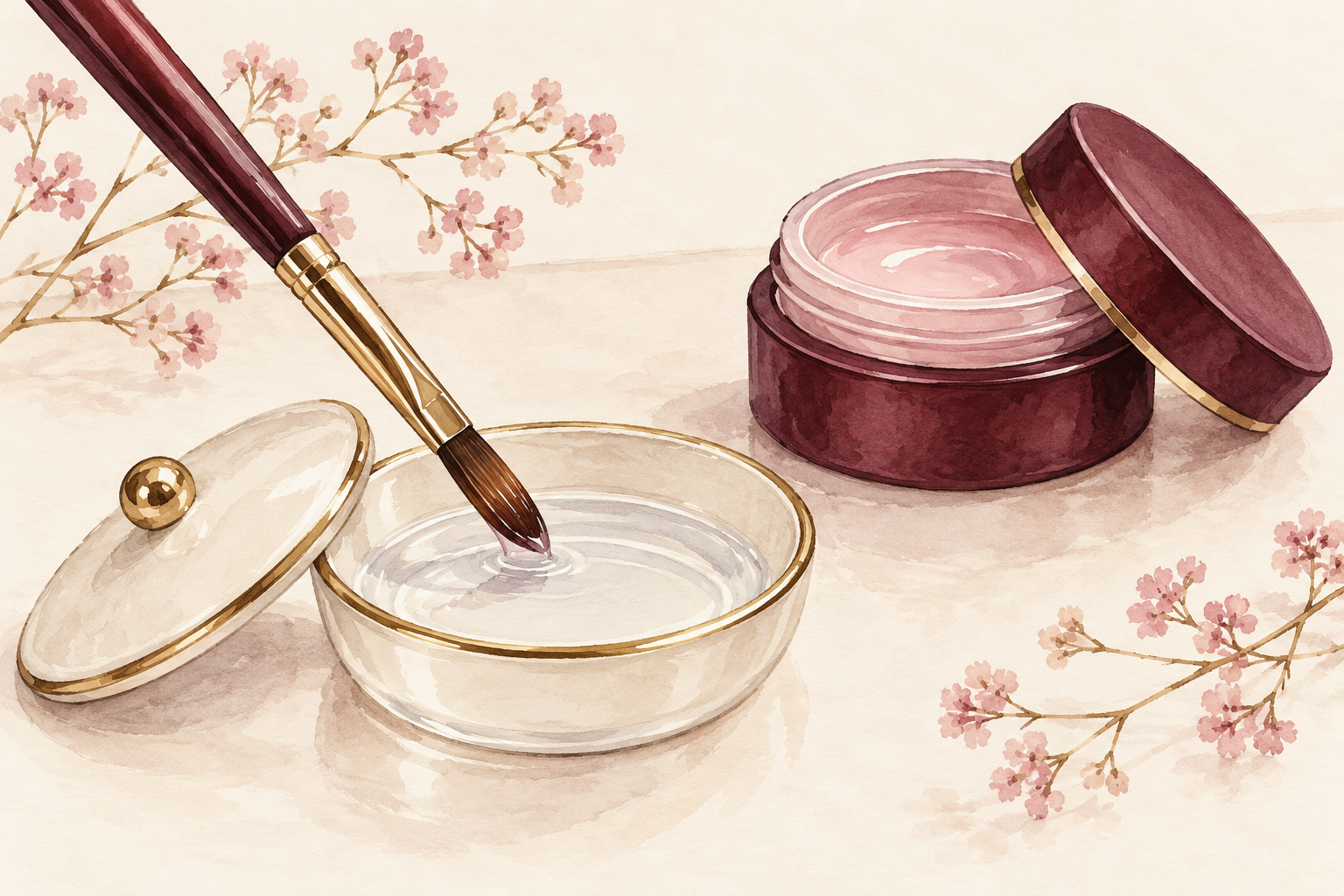 A brush is lightly dampened in a shallow dish beside its lid.