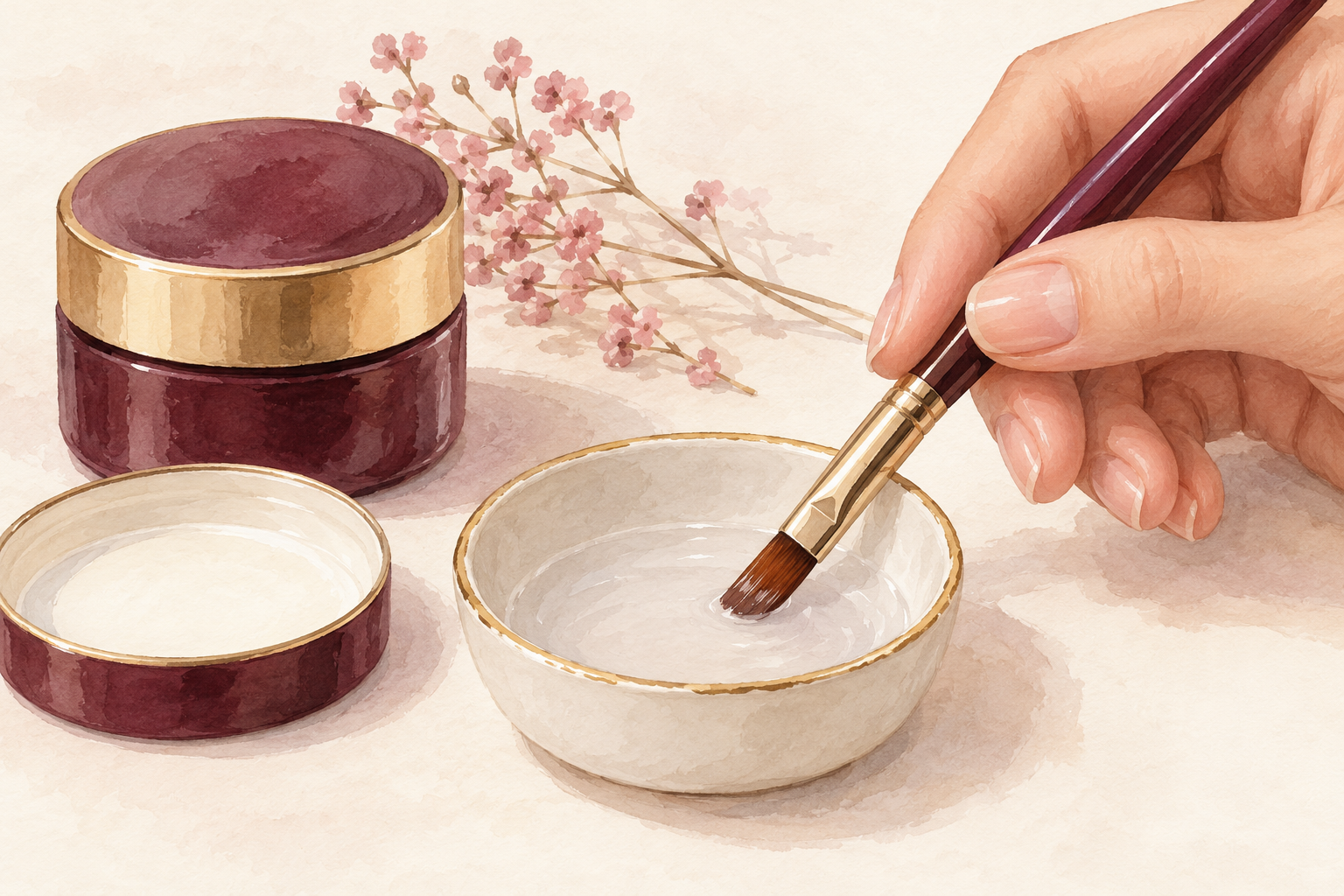A lightly dipped brush is wiped against the edge of a shallow dish.