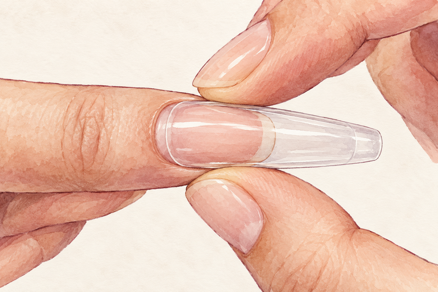A clear dual form filled with a thin gel layer is positioned at the base of a natural nail.