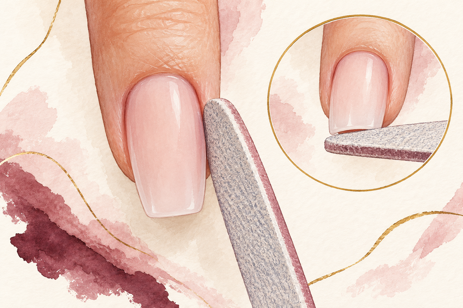A fine file shapes a cured poly gel extension sidewall, with an inset showing the free edge.