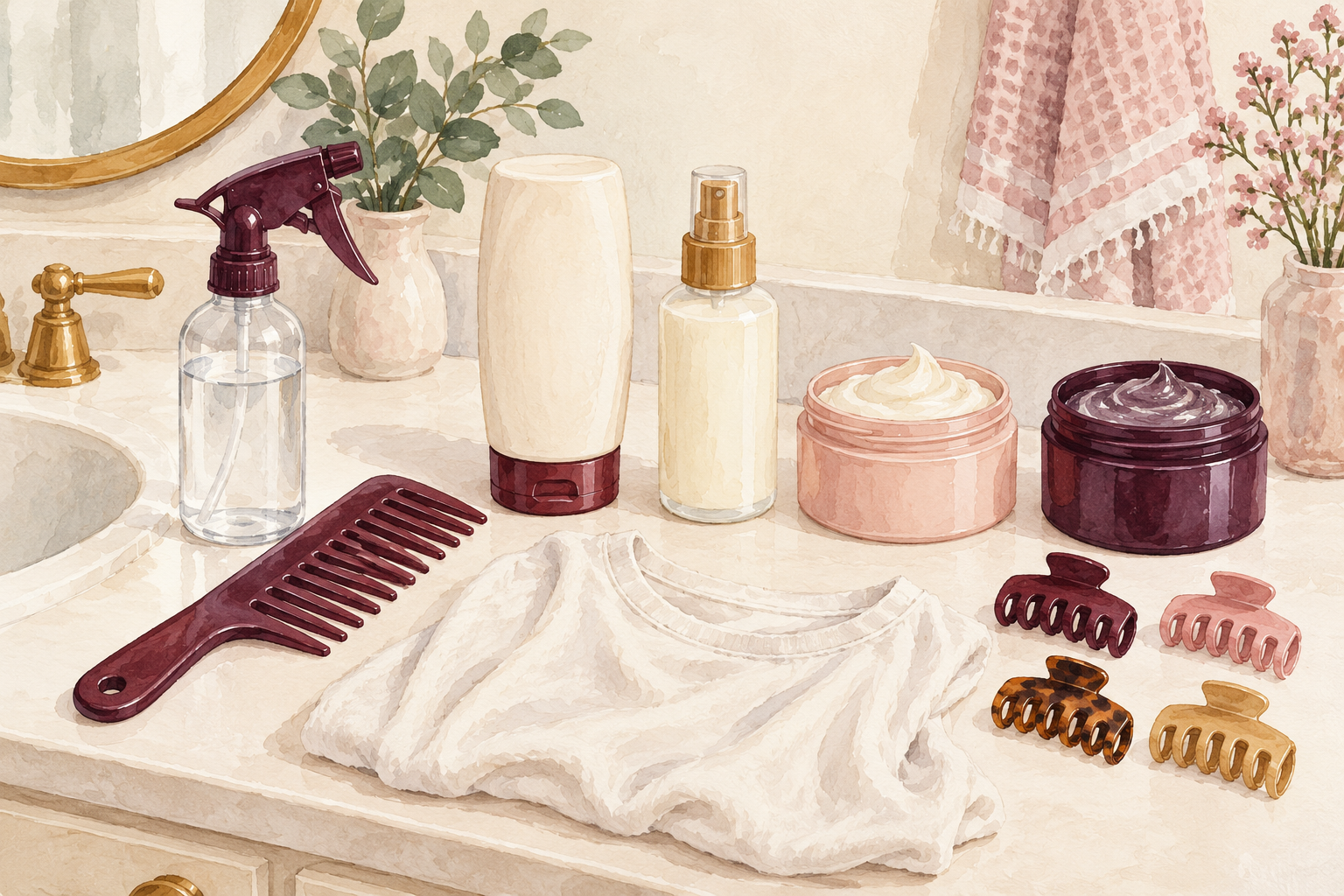A water spray, comb, plain jars and bottles, clips and a folded cotton shirt sit on a wash-day counter.