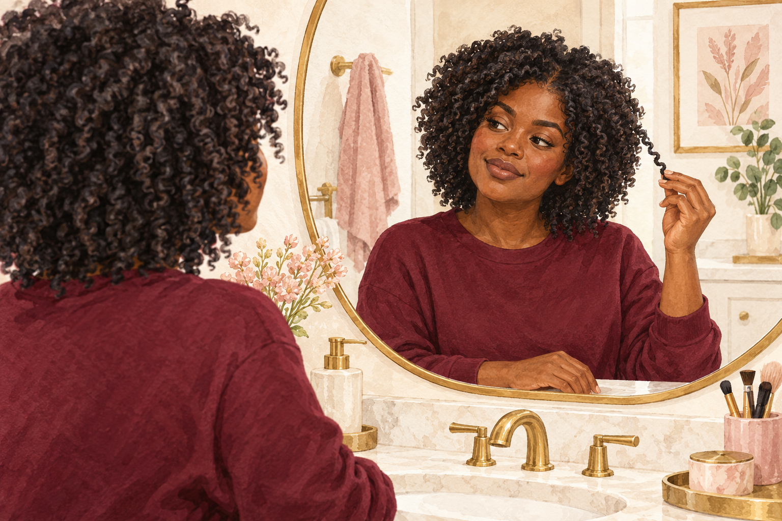 A woman in a burgundy sweater examines one attached coil in a mirror.