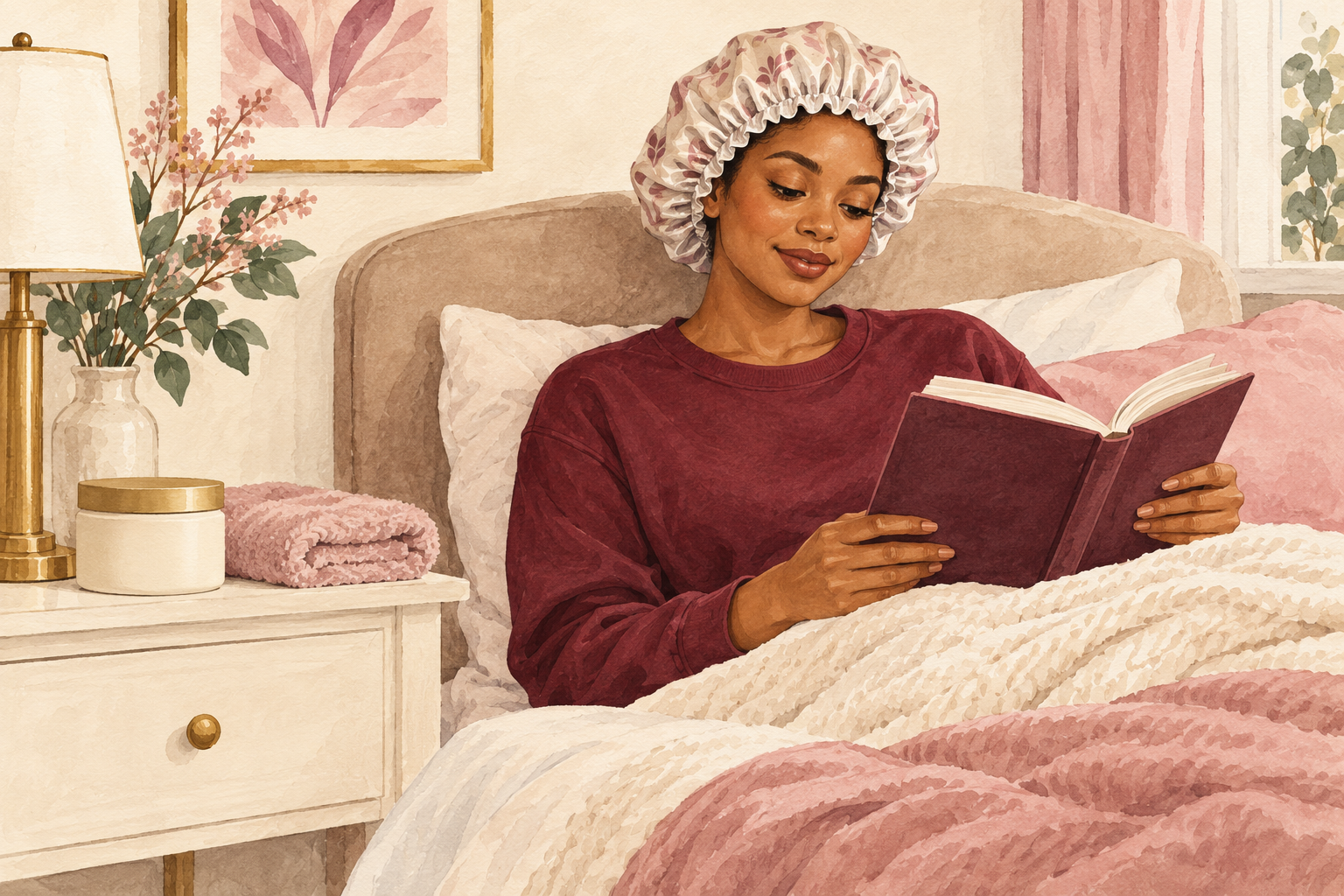 A woman reads beneath a conditioning cap beside a plain treatment jar and folded towel.