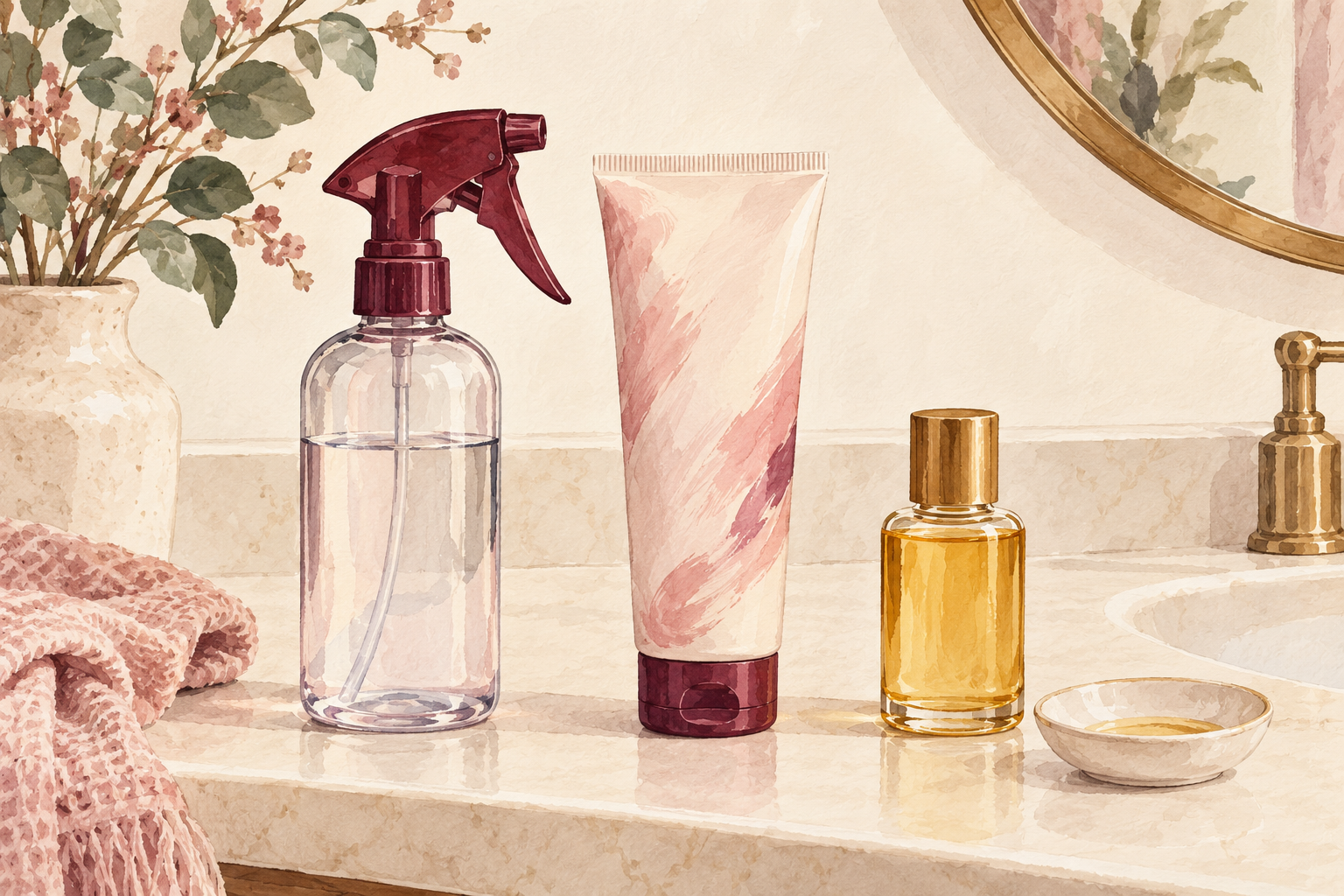 A water spray, leave-in tube, small oil bottle and dish are arranged in order.