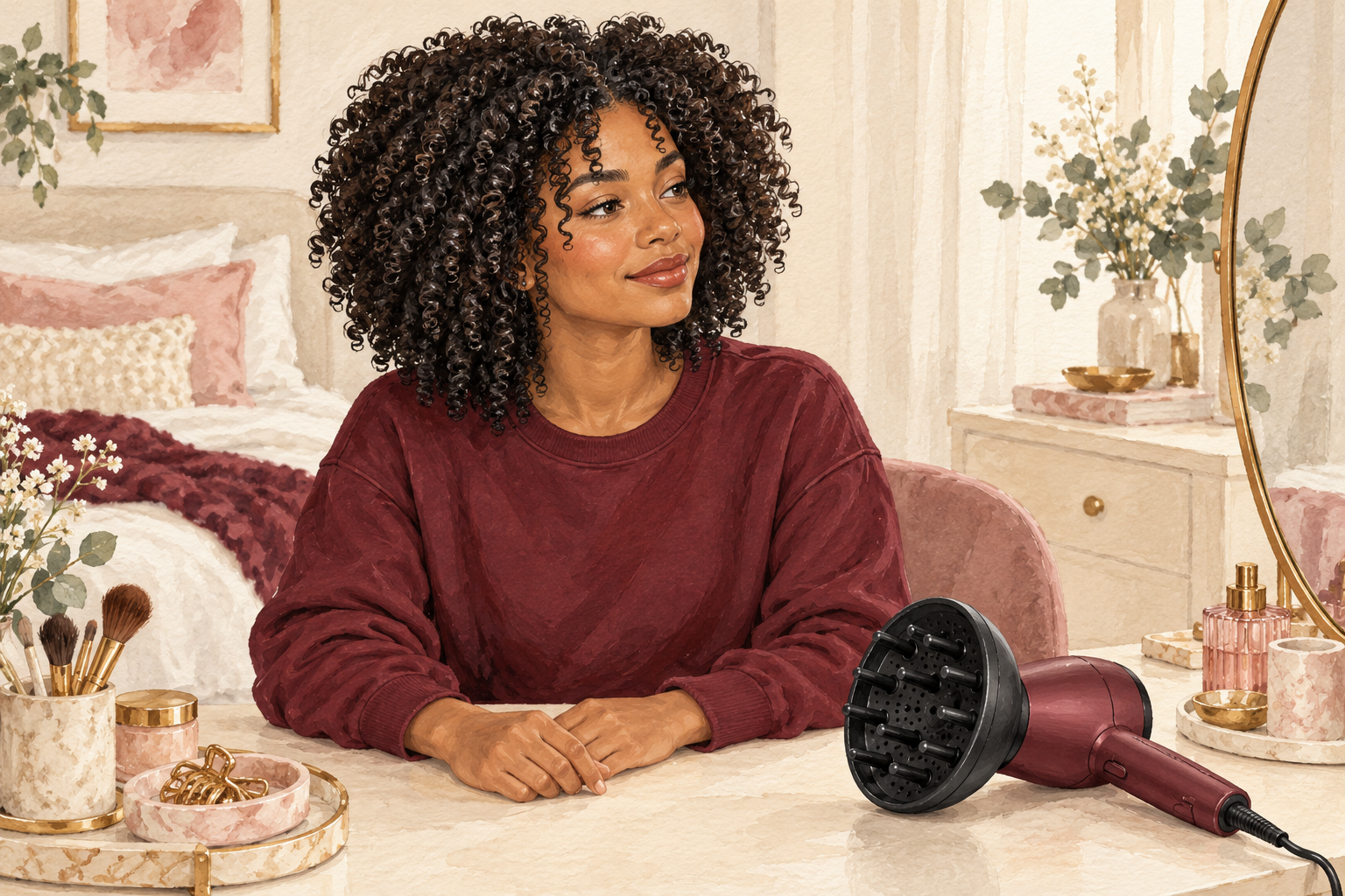 A woman leaves her clumped coils untouched with a hair diffuser resting nearby.
