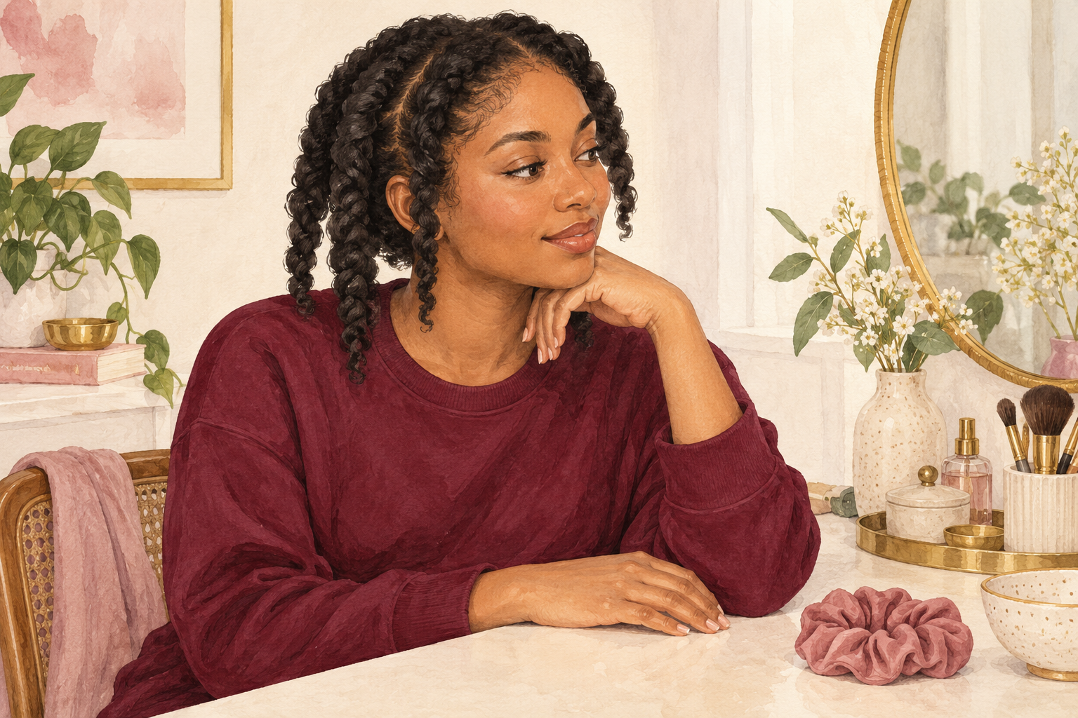 Loose attached twists frame a woman's face with relaxed roots.