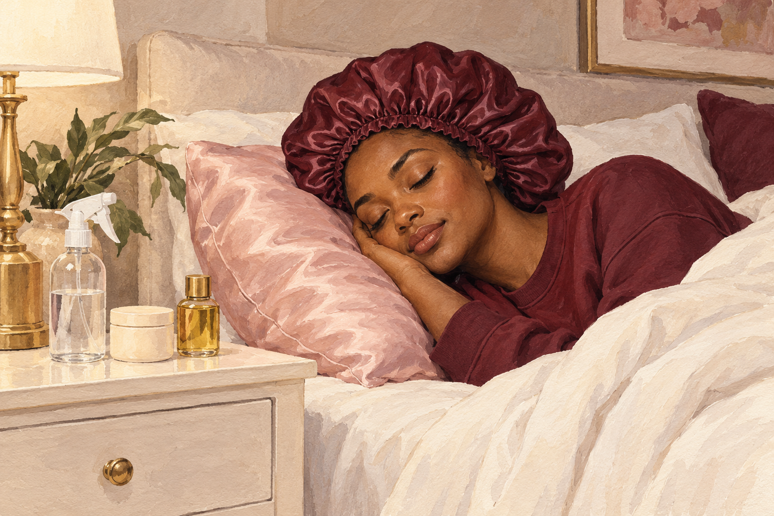 A woman wears a satin bonnet beside a water spray, small jars and satin pillow.