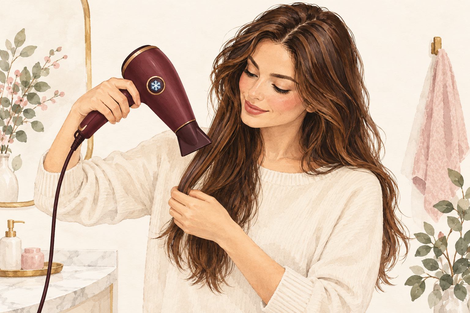 A woman directs a hair dryer down a loose section, with a snowflake icon on the control.