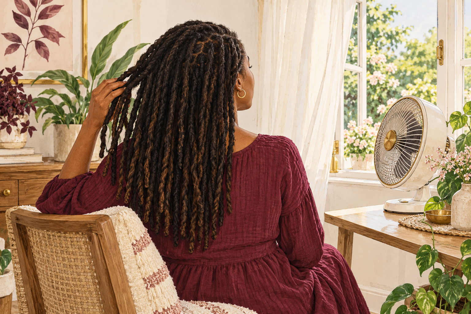 A woman with locs lets them dry loose beside an open window and gentle fan.