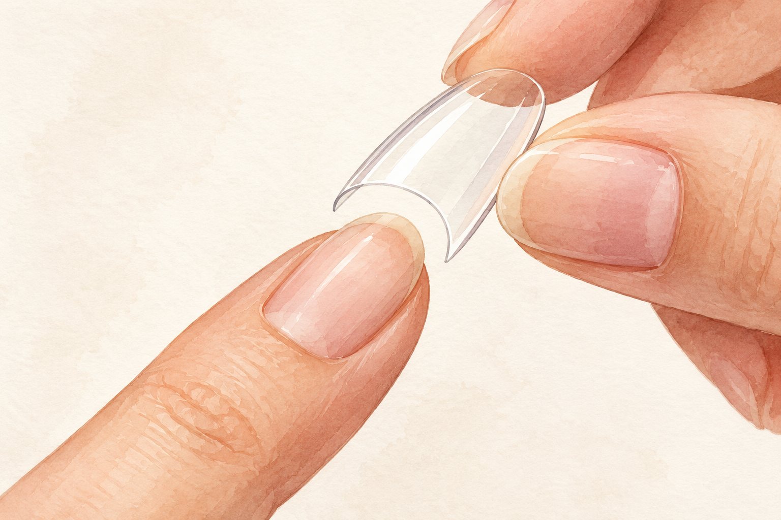 A clear empty tip is held over a bare nail to check its curve and side fit.