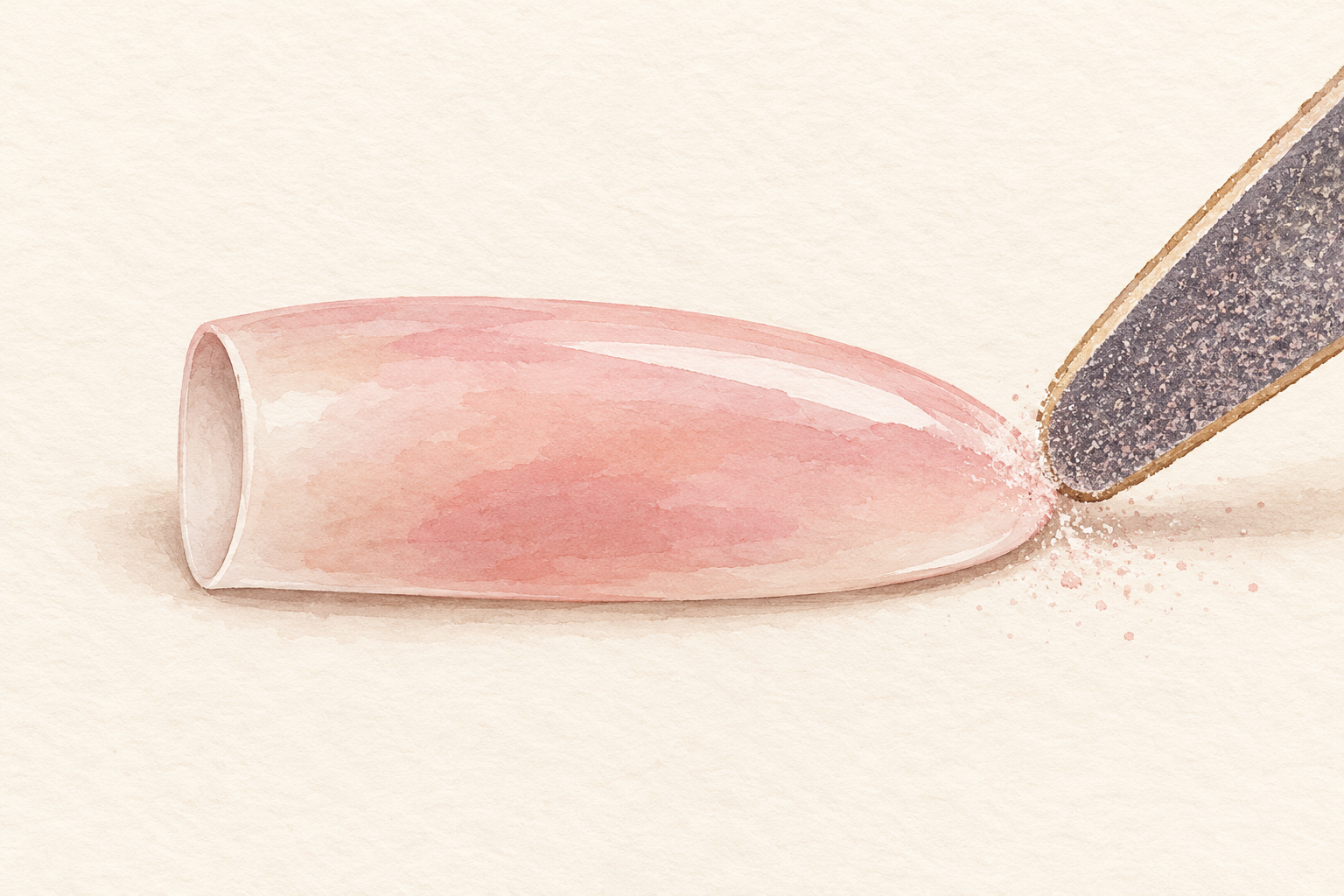 A file shapes the rounded distal edge of a detached artificial nail tip.
