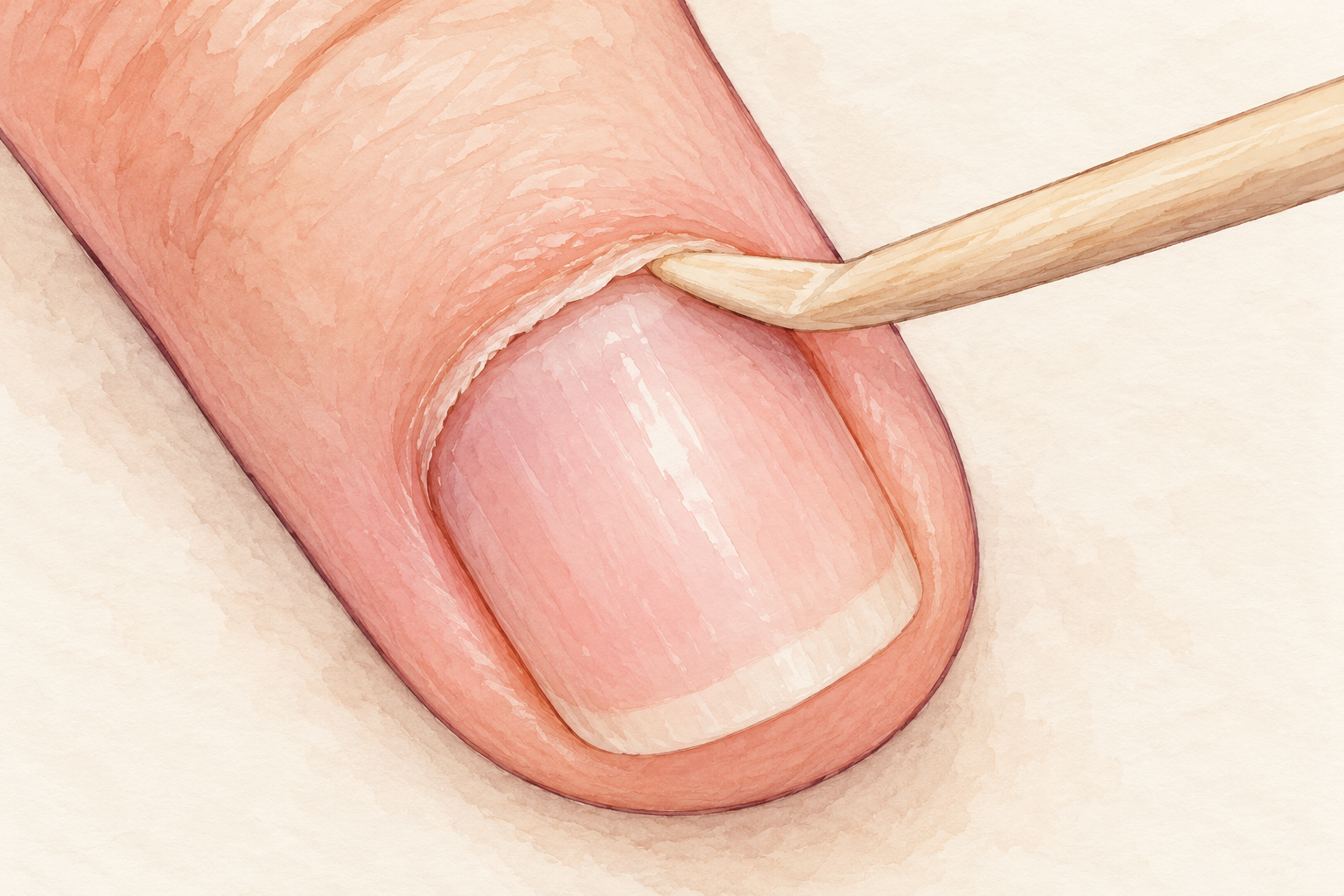 A blunt wooden stick gently pushes back the intact cuticle area of a natural nail.