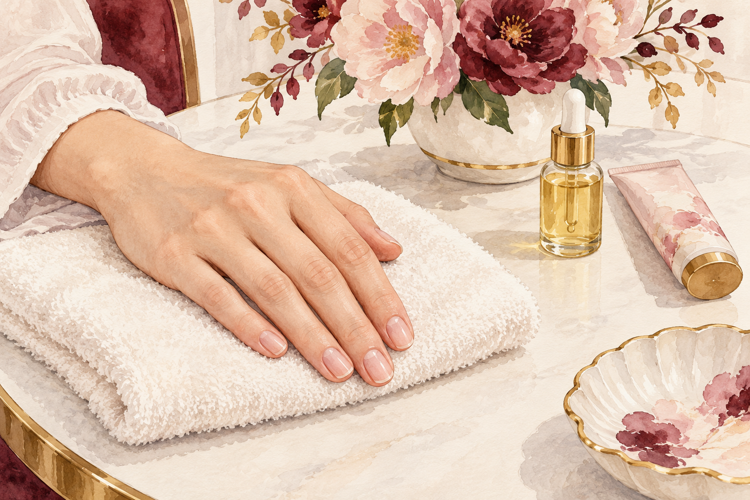 A bare hand rests beside a dropper oil bottle and a tube of hand cream.