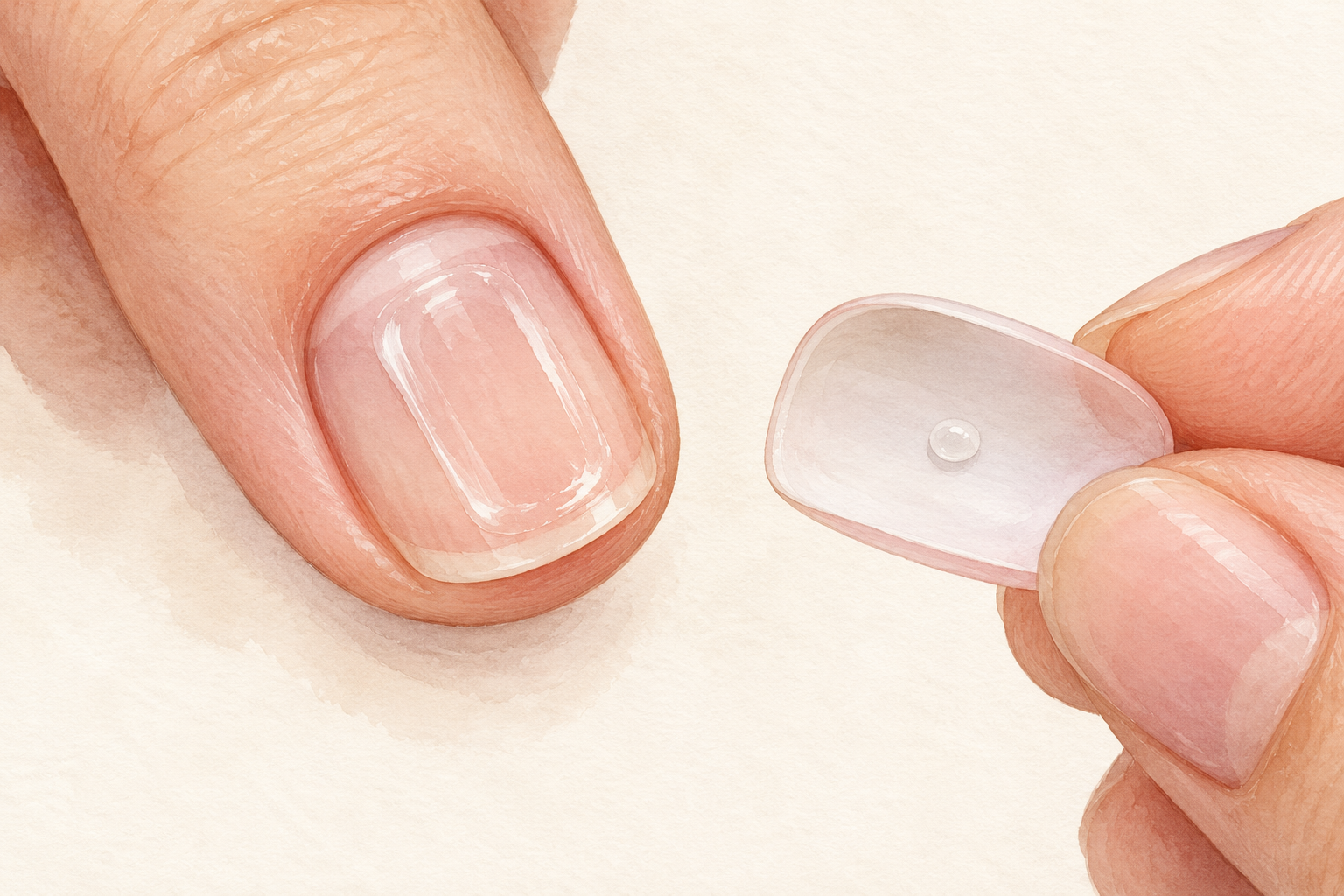 A small adhesive dot sits on the underside of a clear artificial tip held beside a bare nail.