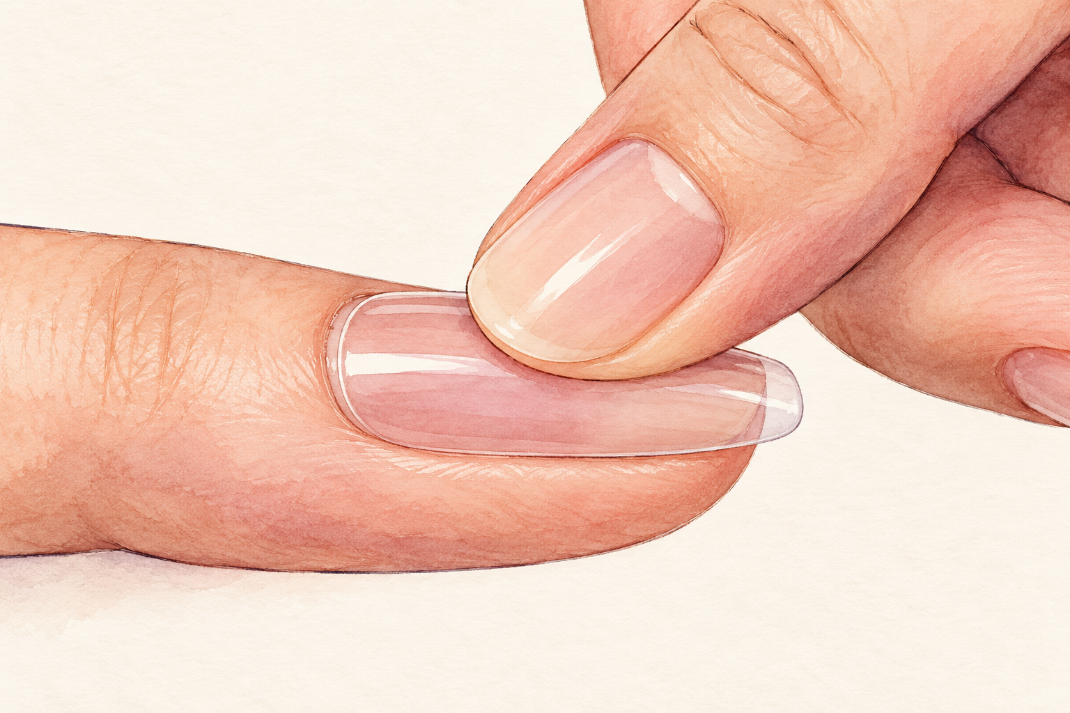 A clear press-on tip covers a natural nail while a thumb pad presses the center of the nail plate.