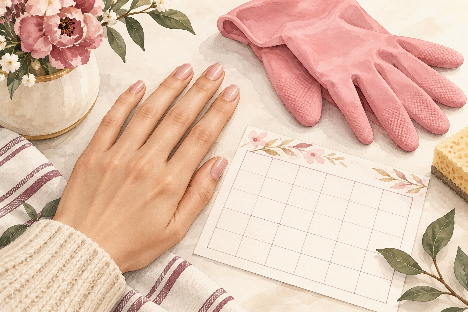 A hand with short press-on nails rests beside household gloves and a blank calendar.