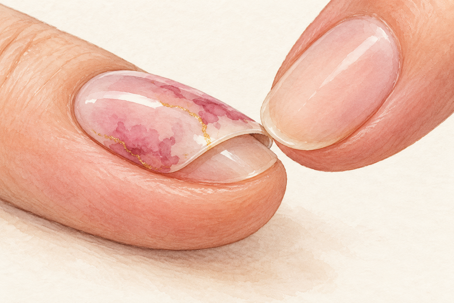 A fingertip checks a lifted press-on edge above an intact natural nail.