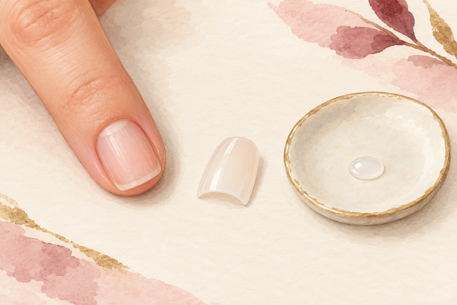 A clean bare nail rests beside a short artificial tip and a small drop of adhesive.