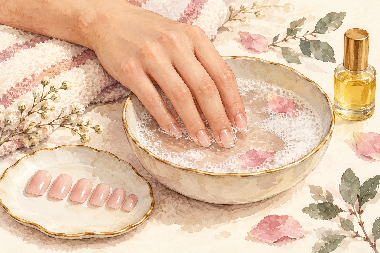 A hand rests in a shallow bowl of soapy water beside a small oil bottle.
