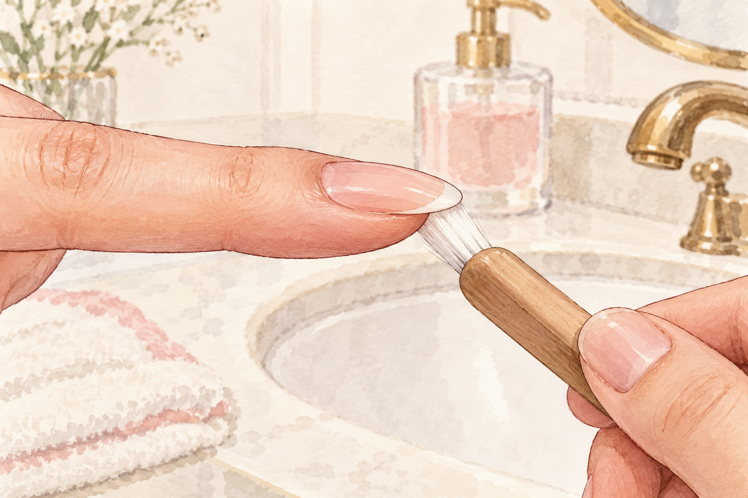 A soft-bristle brush touches beneath the white free edge of an attached nail.