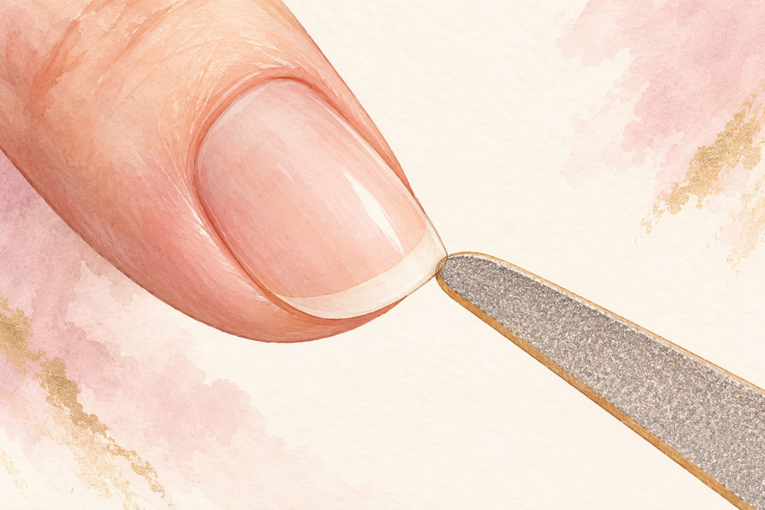 A fine file touches the white free edge of a natural nail.