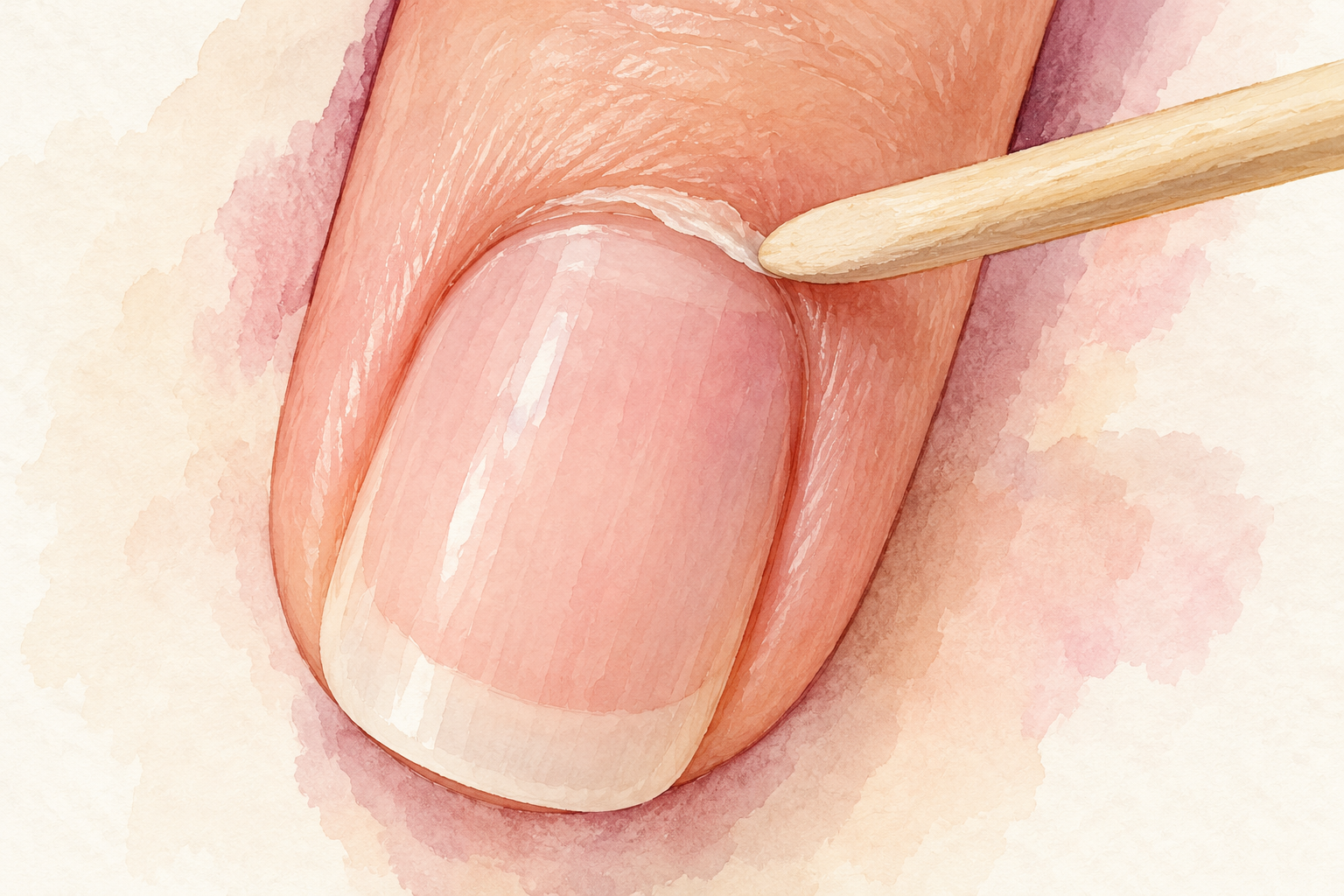 A blunt wooden stick rests against the proximal cuticle margin of a natural nail.