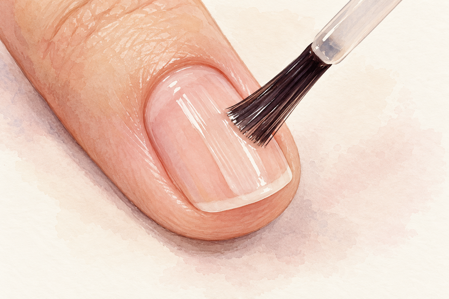 A brush applies a thin clear base coat to the center of a natural nail.