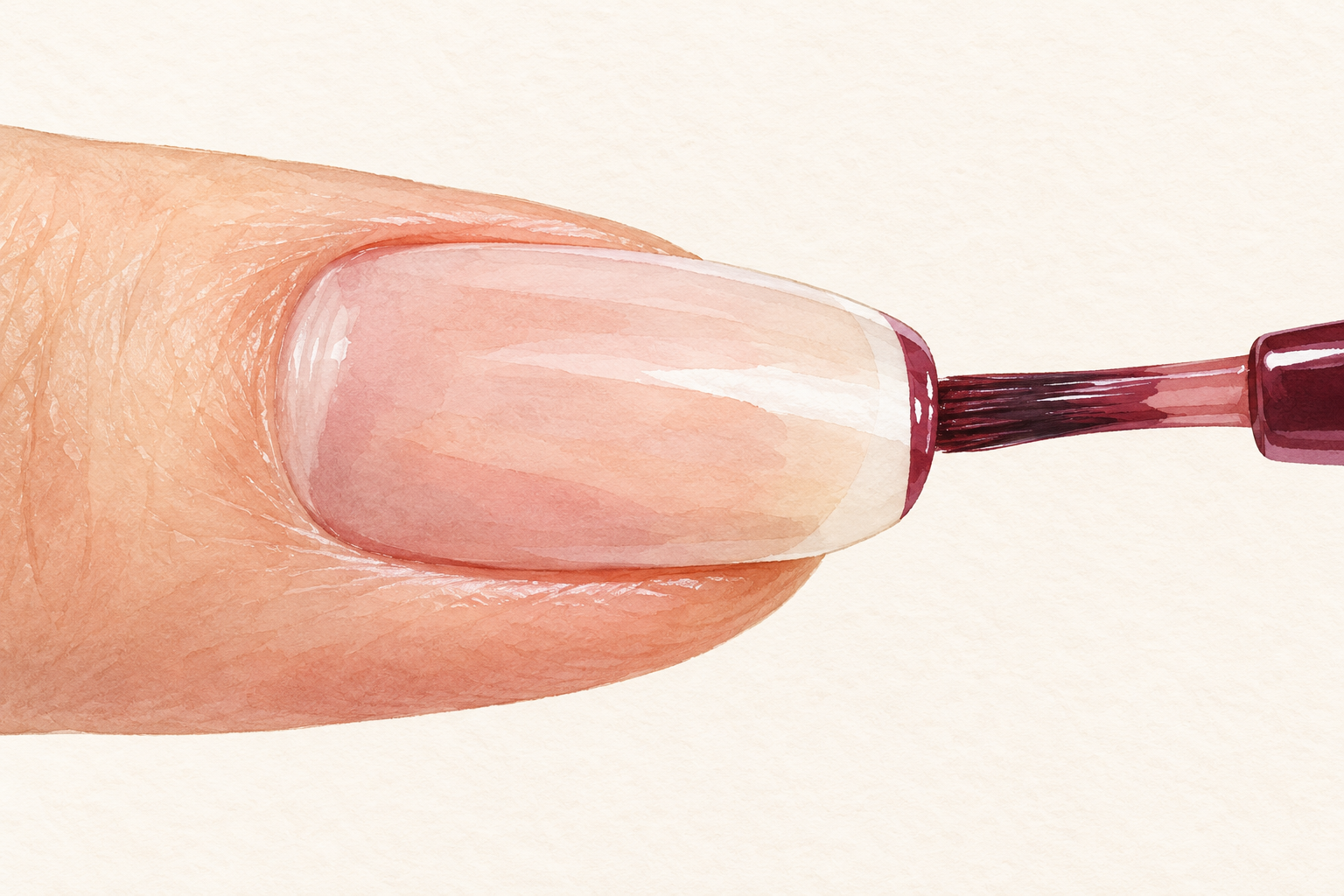 A polish brush sweeps across the distal free edge of a natural nail.