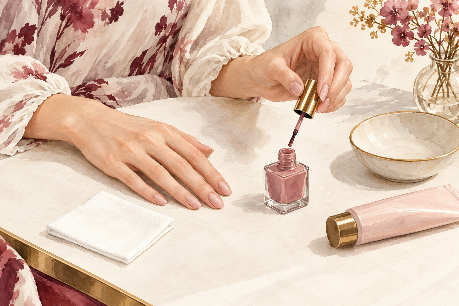A woman holds a slender polish brush above a bottle beside a clean pad and capped hand cream.