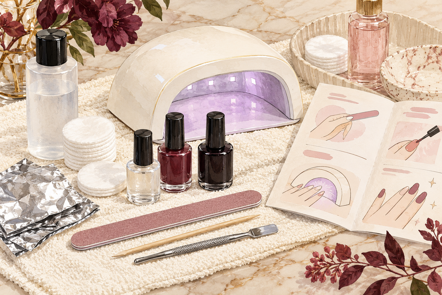 A lamp, plain gel bottles, cleanser, file and removal supplies form a manicure kit.