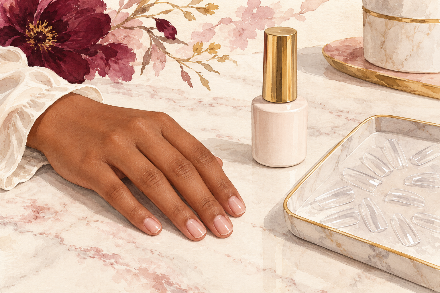 A bare hand rests beside gel polish and a separate tray of clear nail tips.
