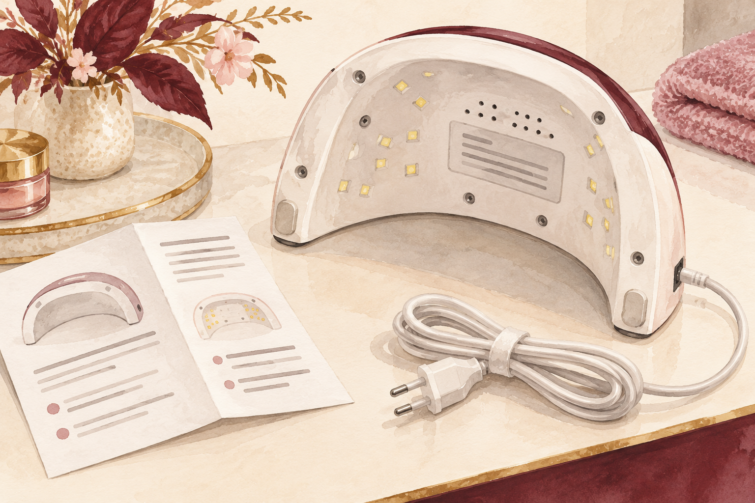 A nail lamp underside with an abstract specification panel sits beside its instruction leaflet.