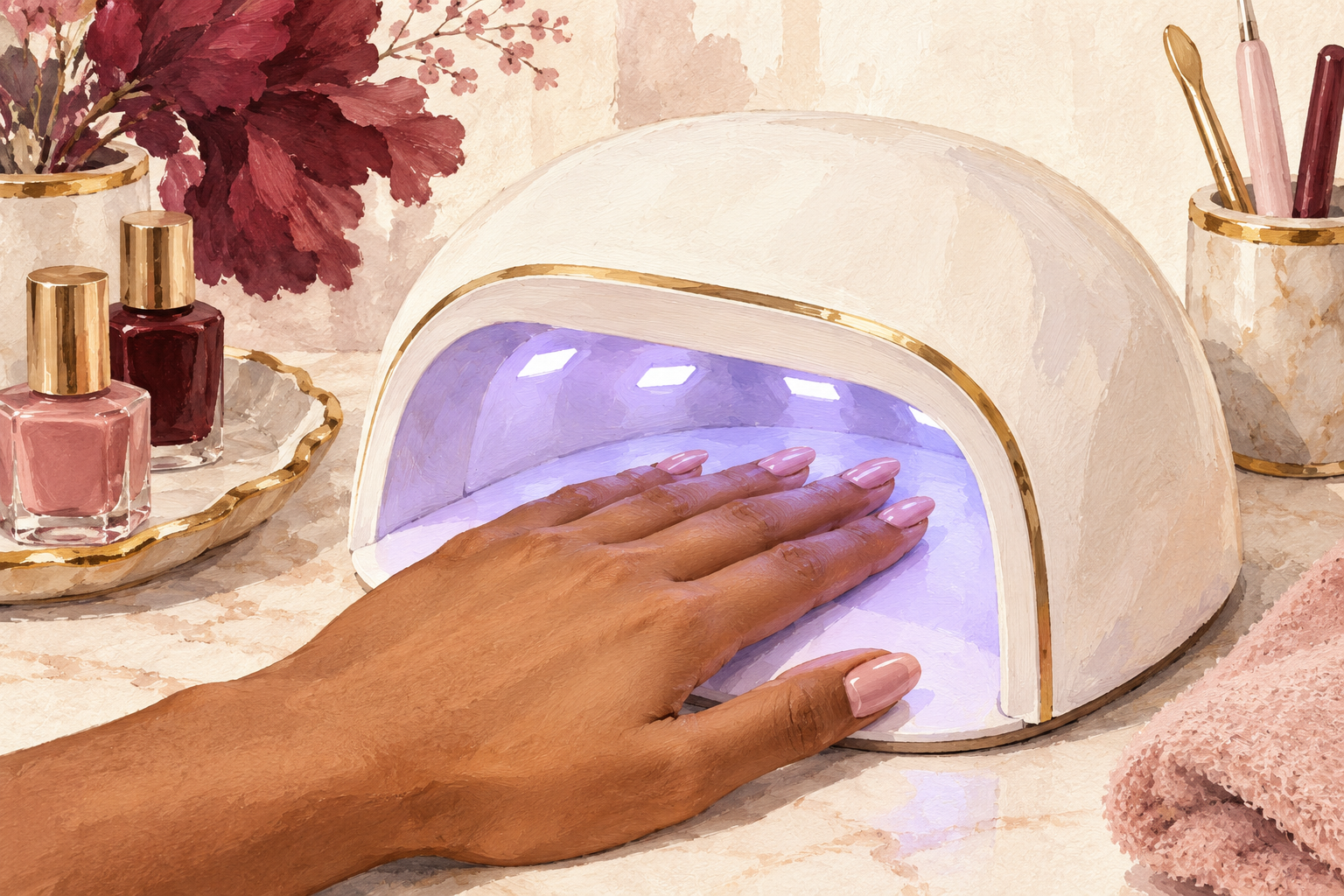 A hand fits flat inside a nail lamp with room around the thumb.