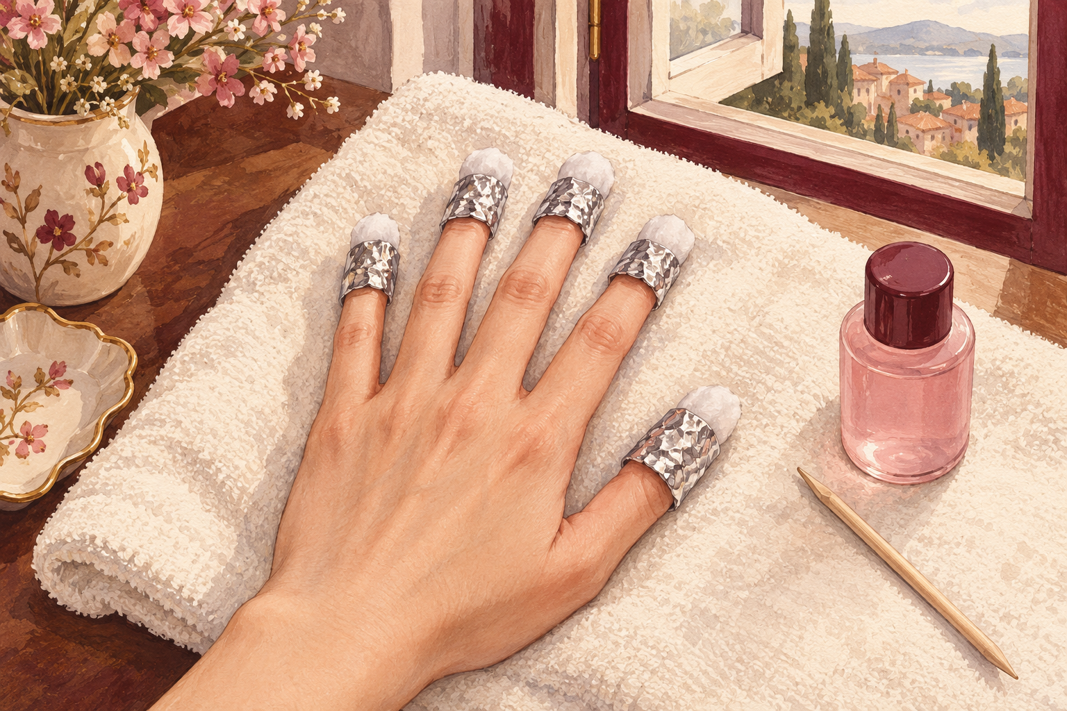 Five cotton-and-foil wraps cover the nails of a hand resting on a towel beside a closed remover bottle.
