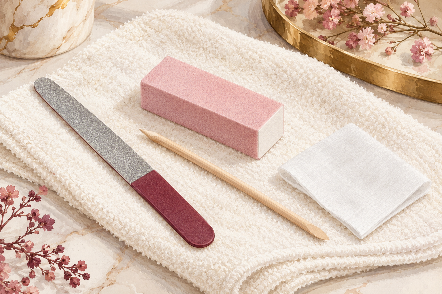 A fine file, rectangular foam buffer, blunt wooden stick and lint-free wipe rest on a towel.