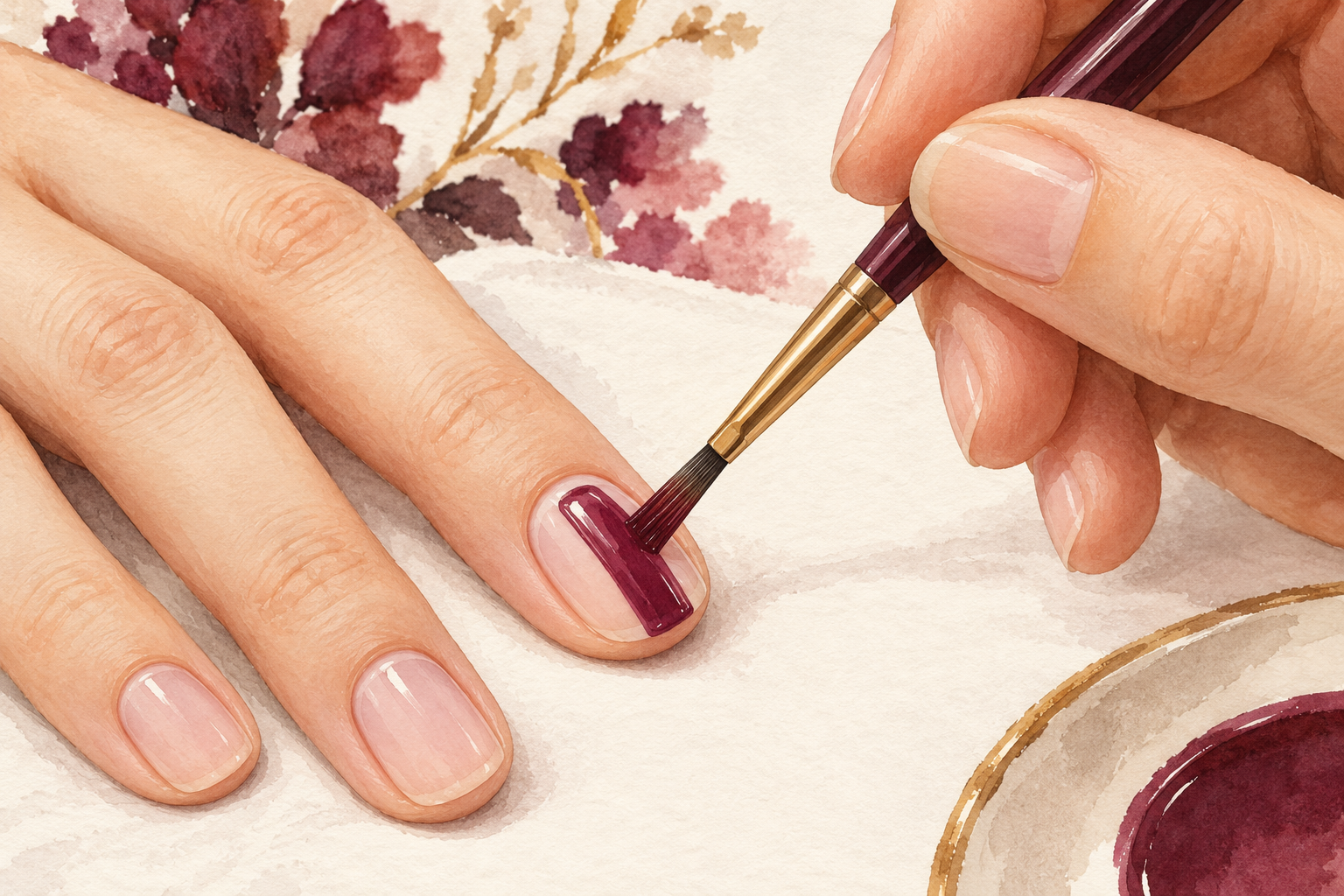 A brush lays a wine-colored stripe down the center of a short natural nail, leaving clear skin margins.